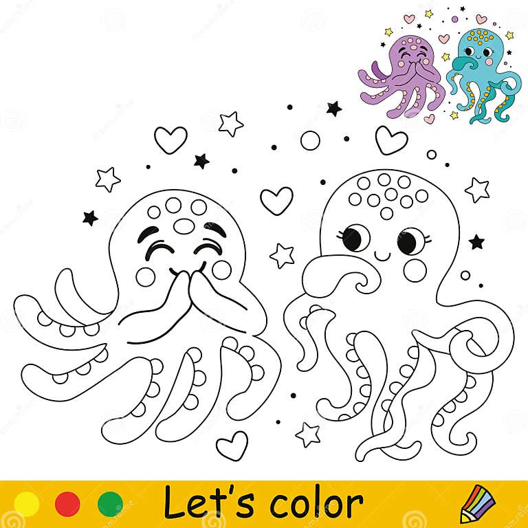 Kids Coloring Cute Happy Two Octopuses Vector Illustration Stock Vector