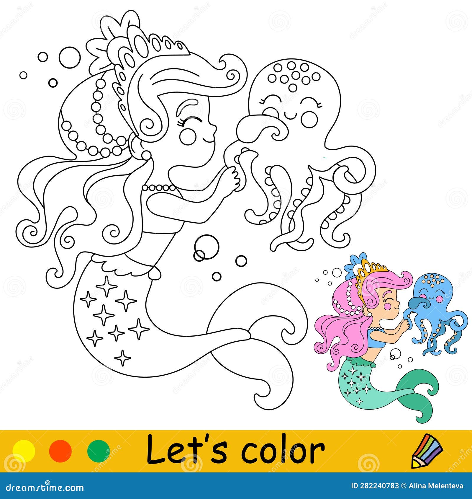 Kids Coloring Little Mermaid and Fish Vector Illustration Stock