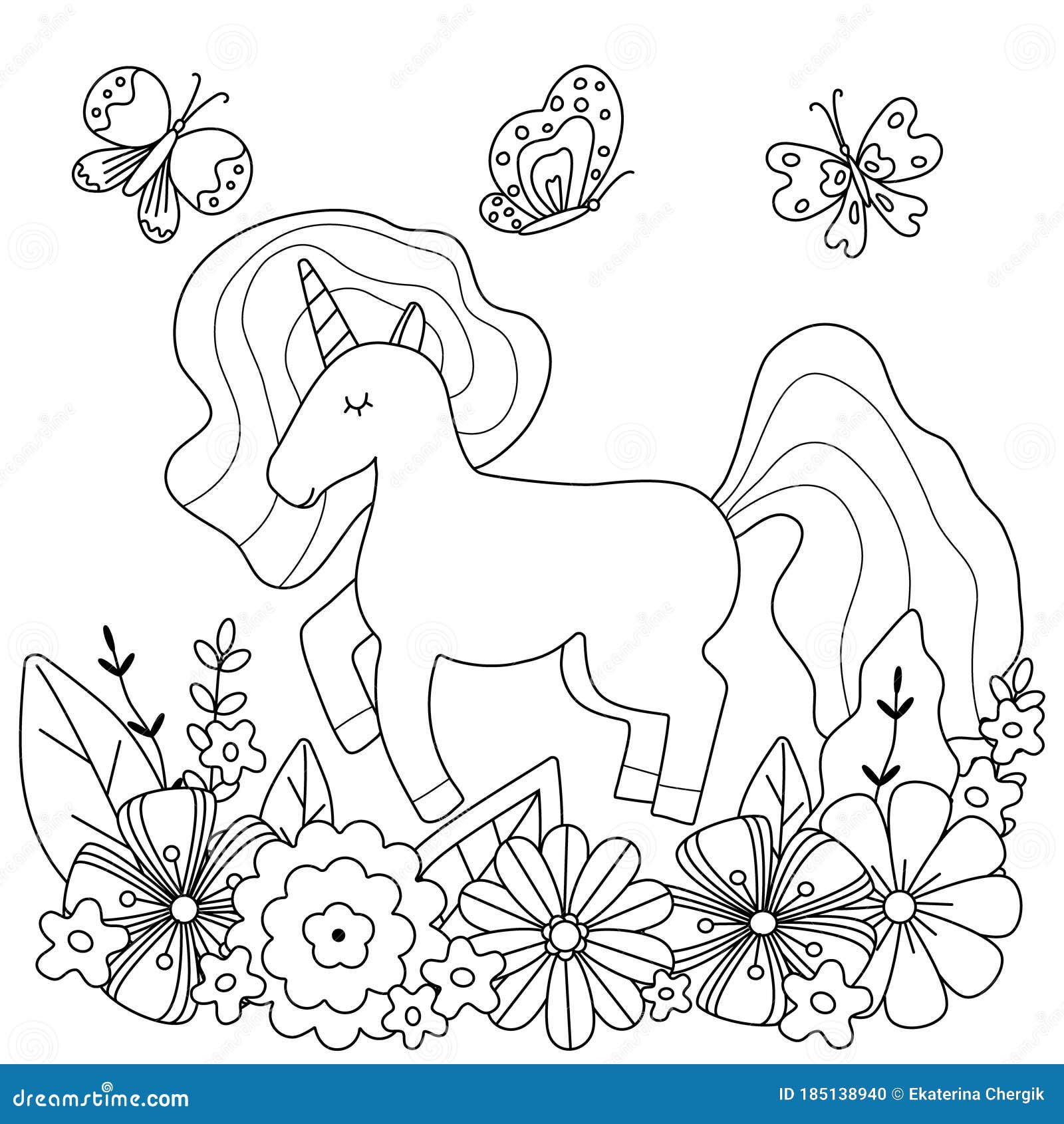 Kids Coloring Page with Cute Unicorn and Flowers. Stock Vector
