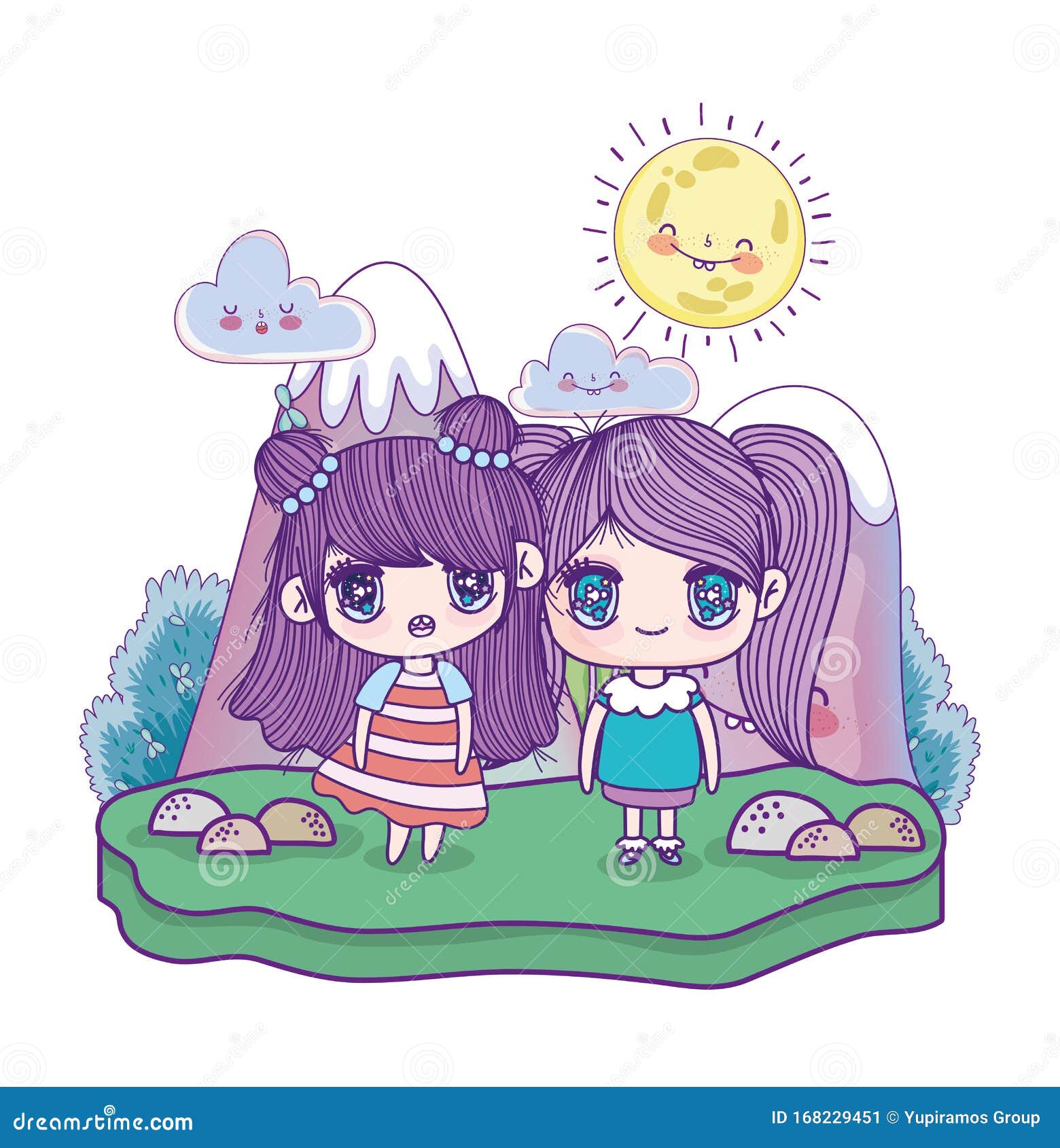 Kids, Cute Little Girls Anime Cartoon Mountains Sun Clouds Grass Stones Stock Vector - Illustration of nature, beautiful: 168229451 Kids, Cute Little Girls Anime Cartoon Mountains Sun Clouds Grass Stones Stock Vector - Illustration of nature, beautiful: 168229451