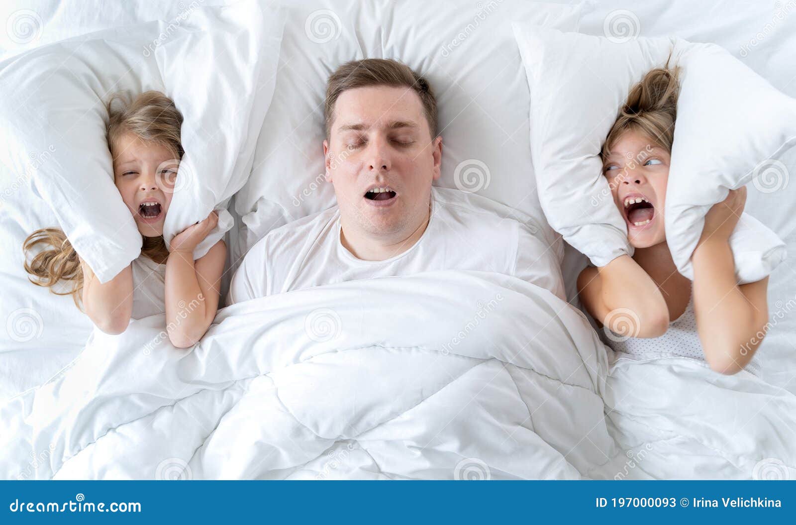 Kids, Dad Sleep Together in Bed. Father is Snoring Hard, Girls