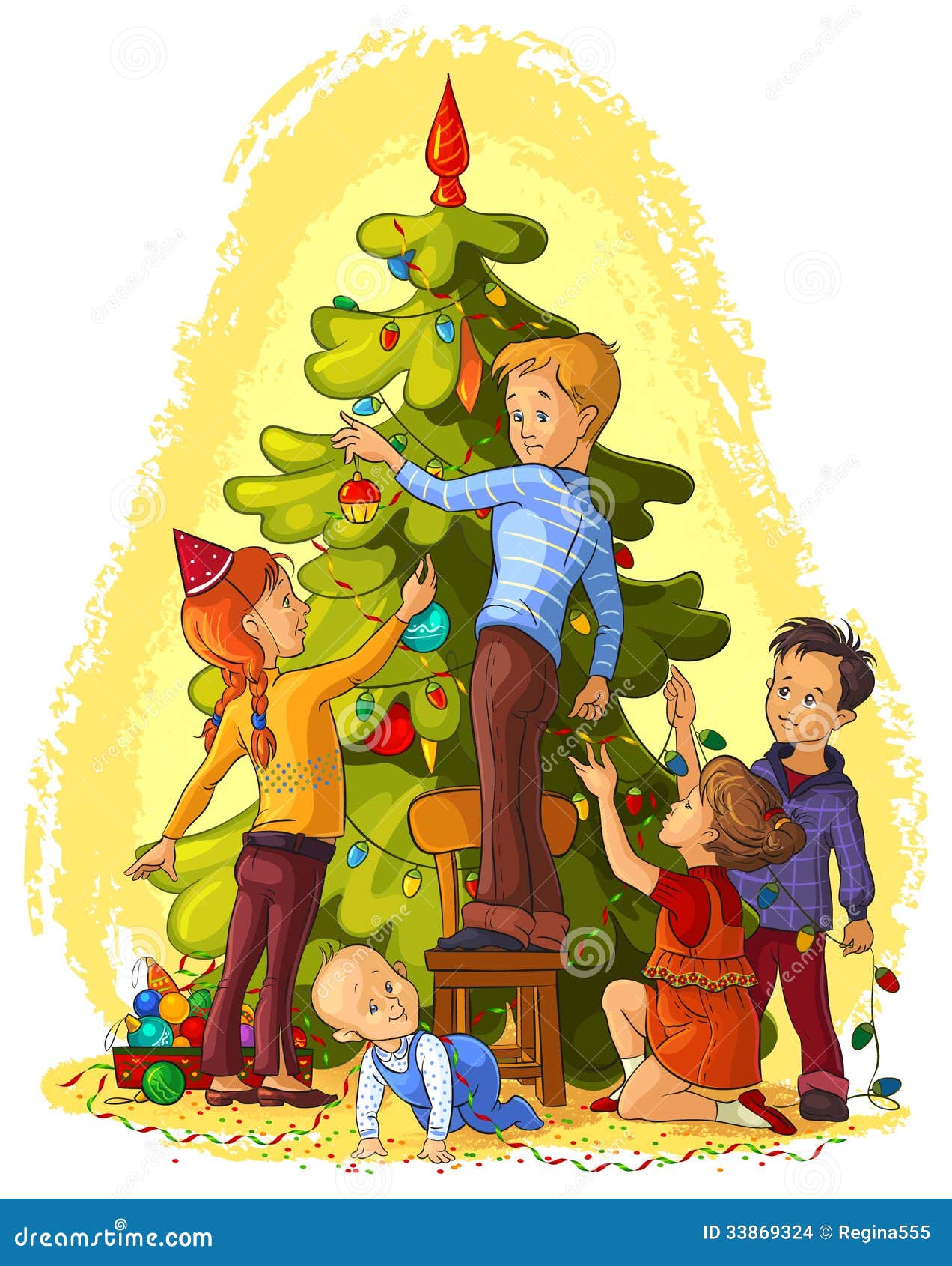 Kids Decorating a Christmas Tree Stock Vector - Illustration of