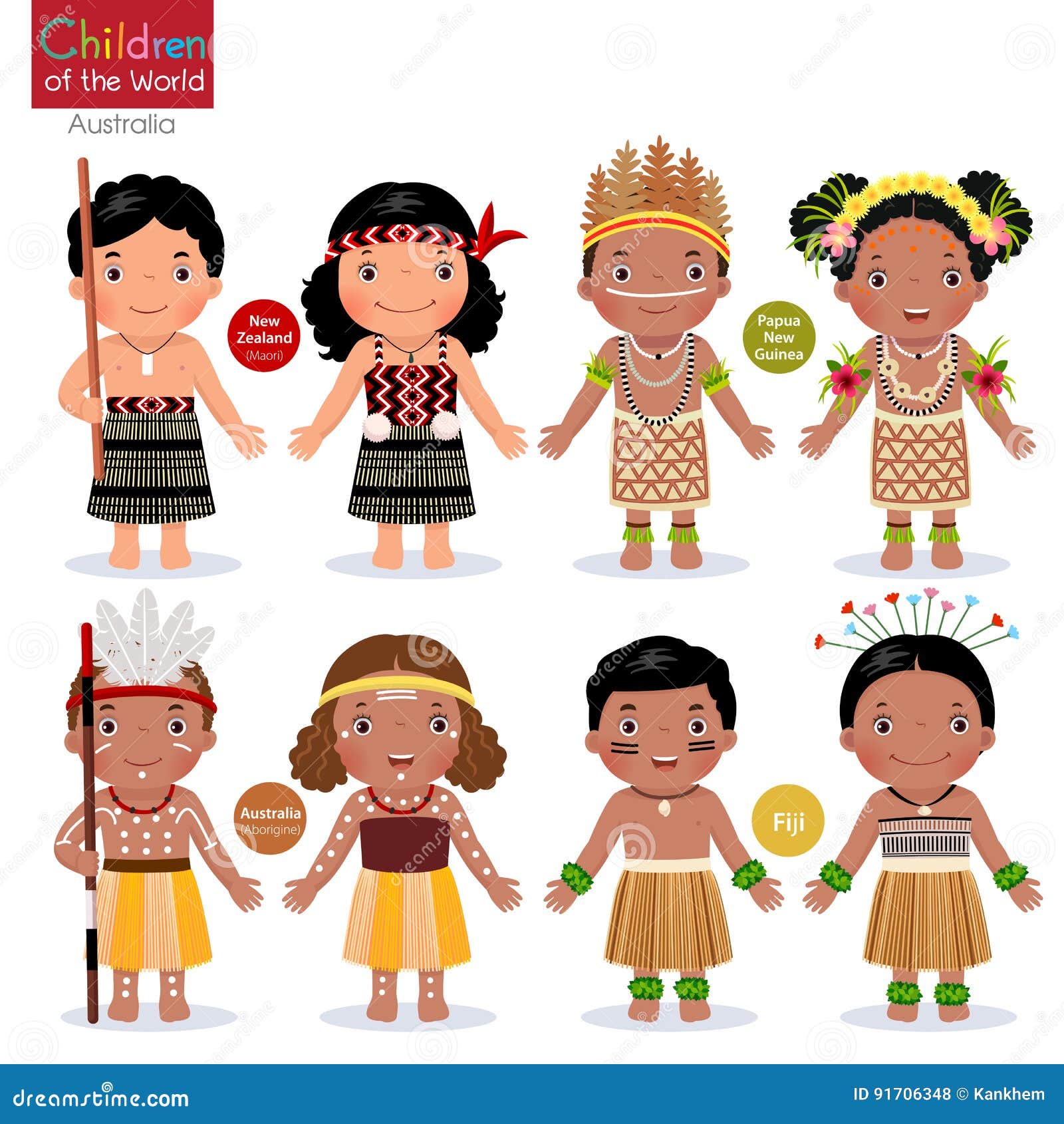 kids in different traditional costumes. new zealand, papua new g