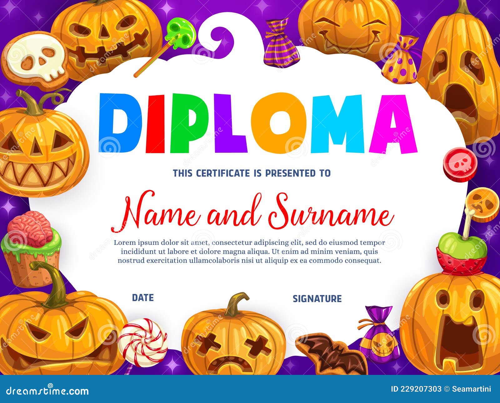 Kids Diploma Cartoon Funny Halloween Pumpkins Stock Vector Intended For Halloween Certificate Template