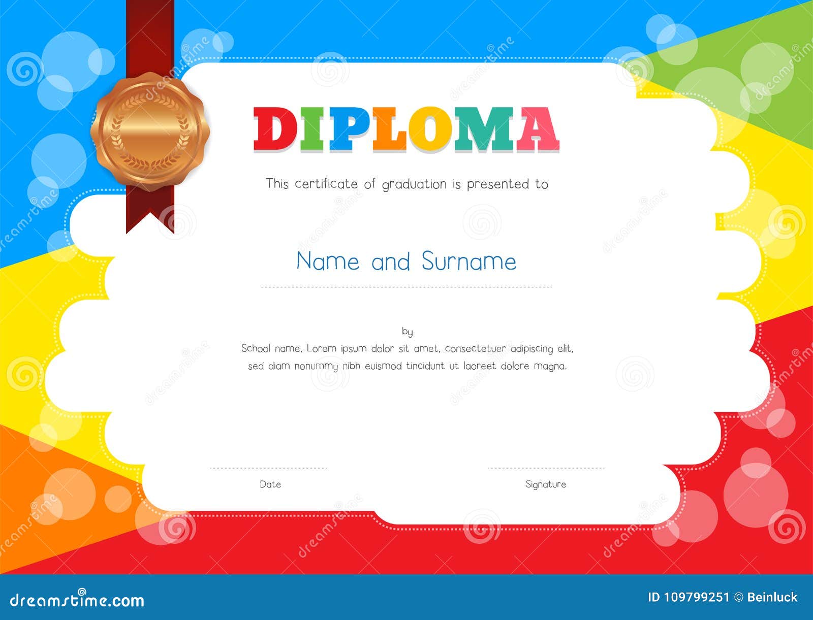 Kids Diploma or Certificate Template with Colorful Background For Free Printable Certificate Templates For Kids