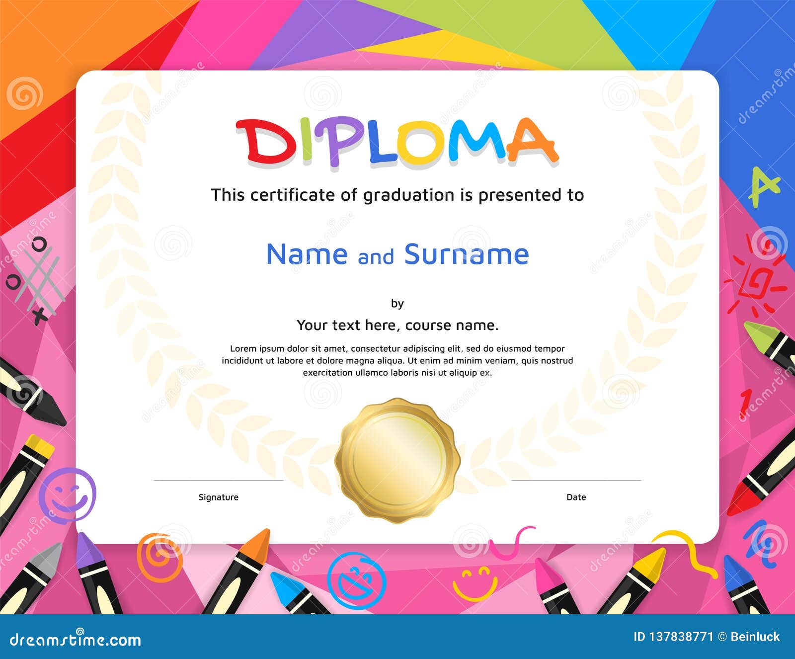 Kids Diploma or Certificate Template with Colorful Background Throughout Class Completion Certificate Template