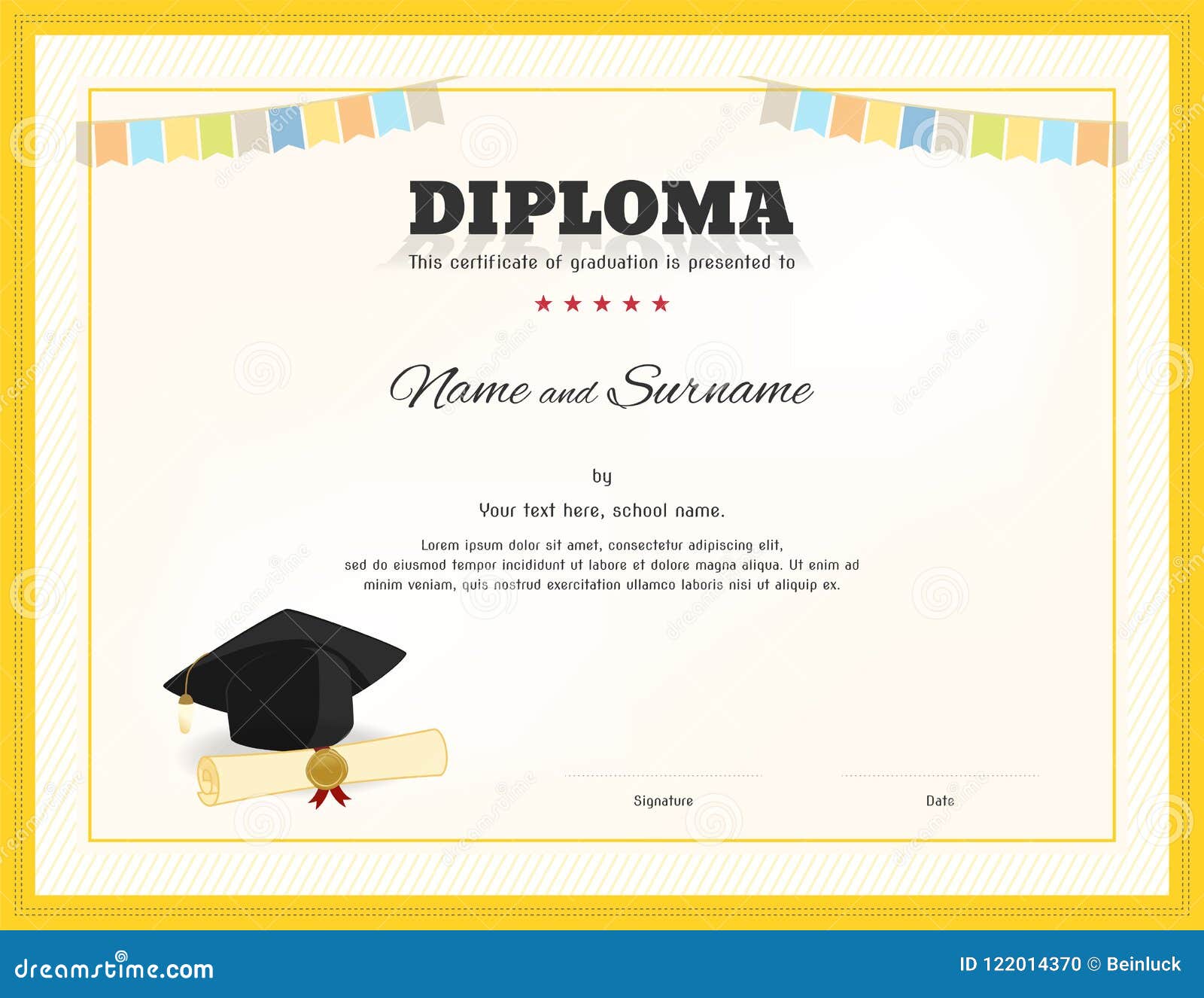 Kids Diploma or Certificate Template with Colorful Background Inside Preschool Graduation Certificate Template Free