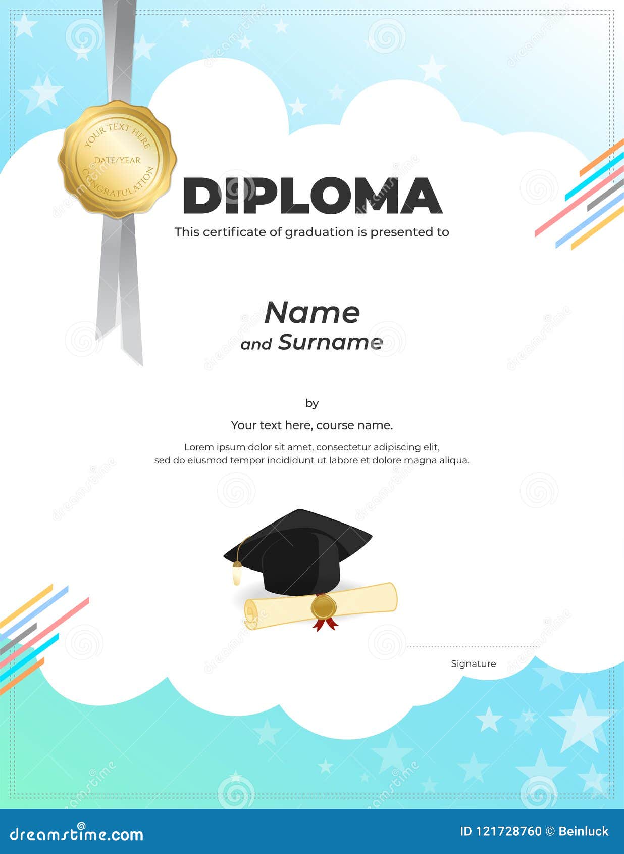 Kids Diploma or Certificate Template with Colorful Background In Preschool Graduation Certificate Template Free