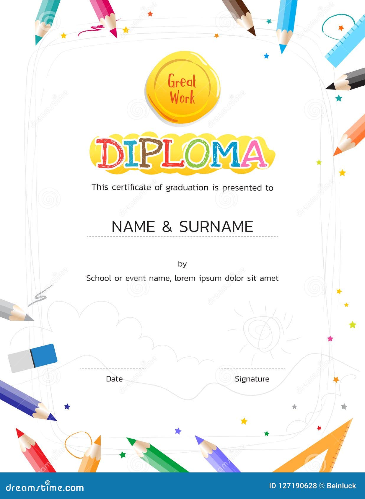 Kids Diploma or Certificate Template with Painting Stuff Border Intended For Free Printable Certificate Templates For Kids