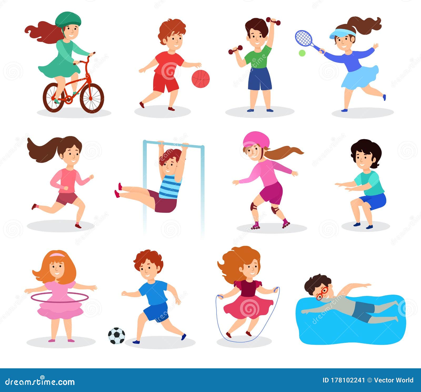 Kids Practicing Different Sports And Physical Activities In Physical