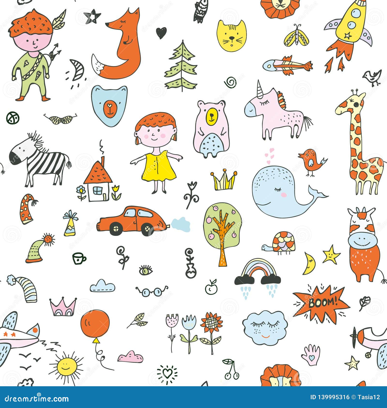 Kids Doodle Seamless Pattern for the Kindergarten, Cute Design. Vector