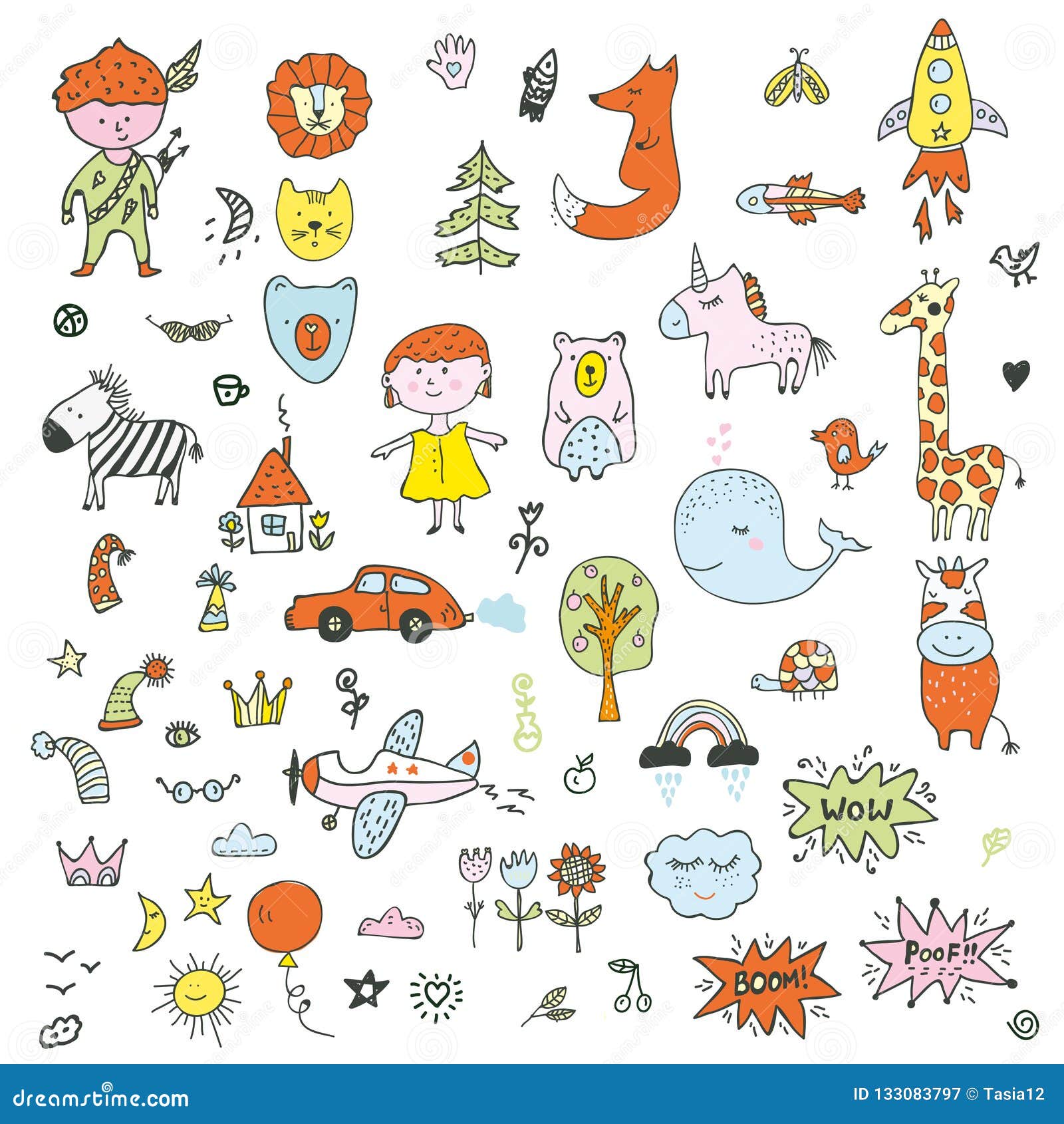 Kids Doodle Set - Funny Drawing of Children, Animals, Transport, Nature ...