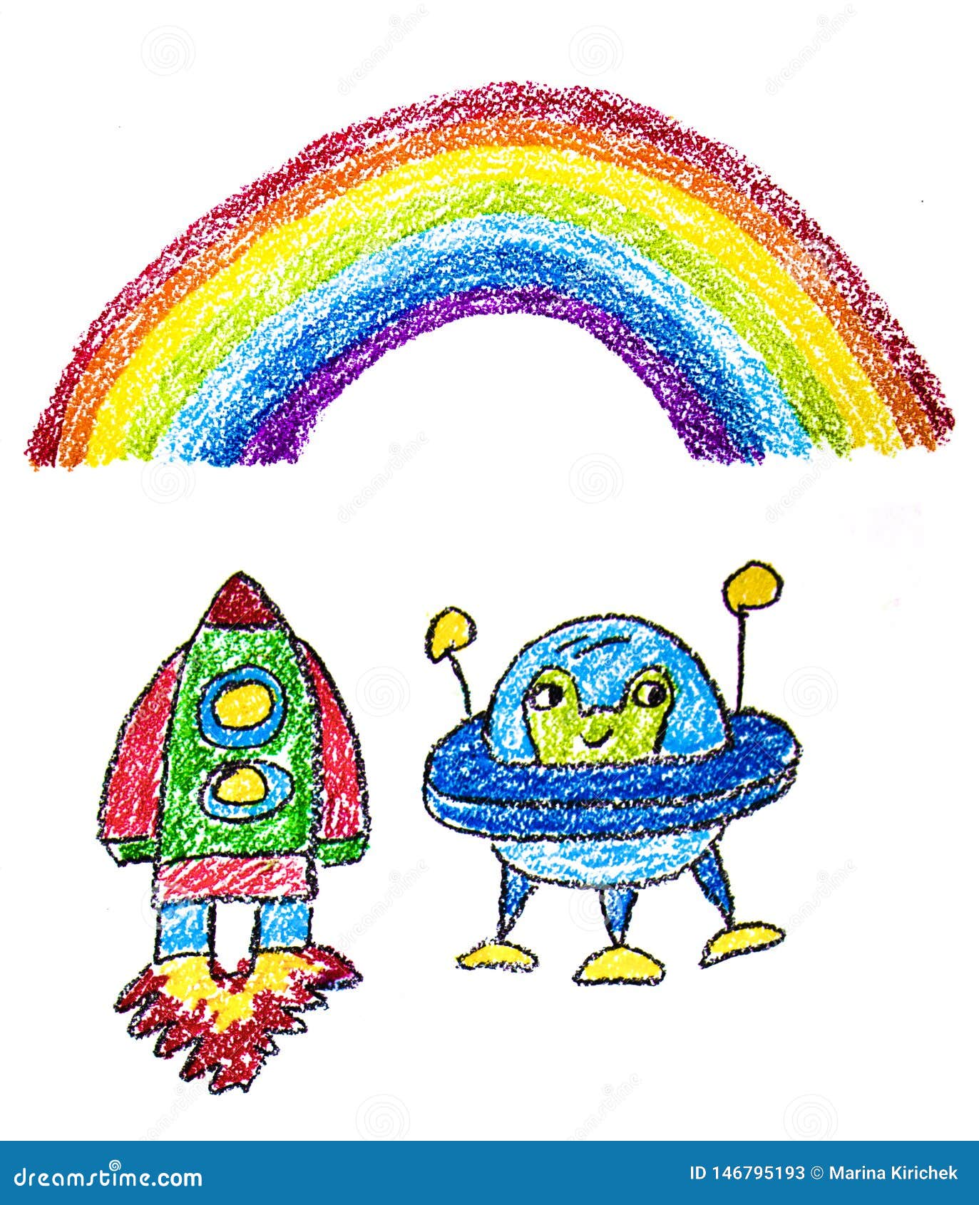kids drawing image. space exploration. school, kindergarten . play and grow. crayon image. ufo, alien, spaceship,
