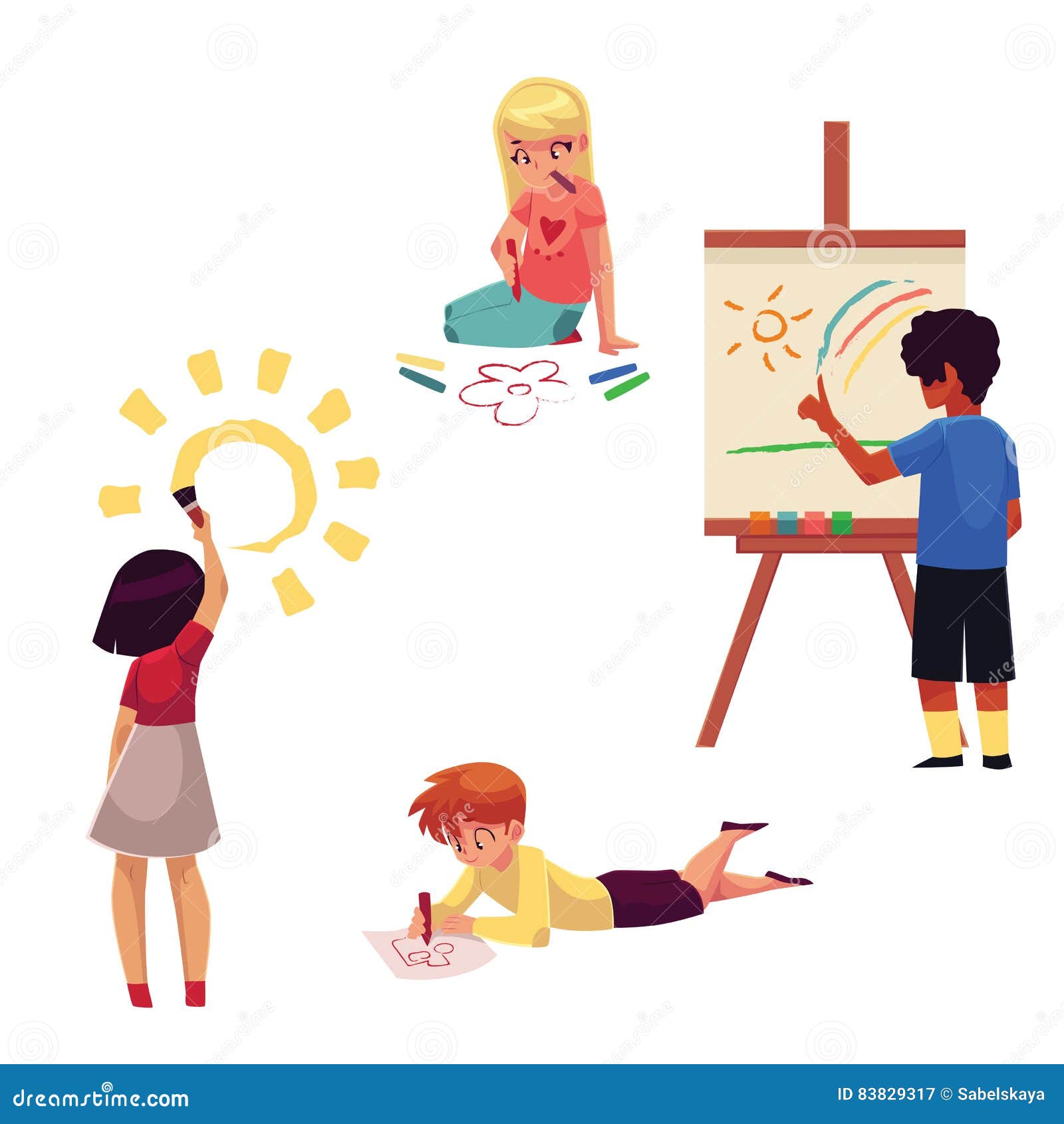 Kids Drawing with Pencils, Crayons, Paints, Fingers, Standing, Sitting,  Lying Stock Vector - Illustration of easel, draw: 83829317