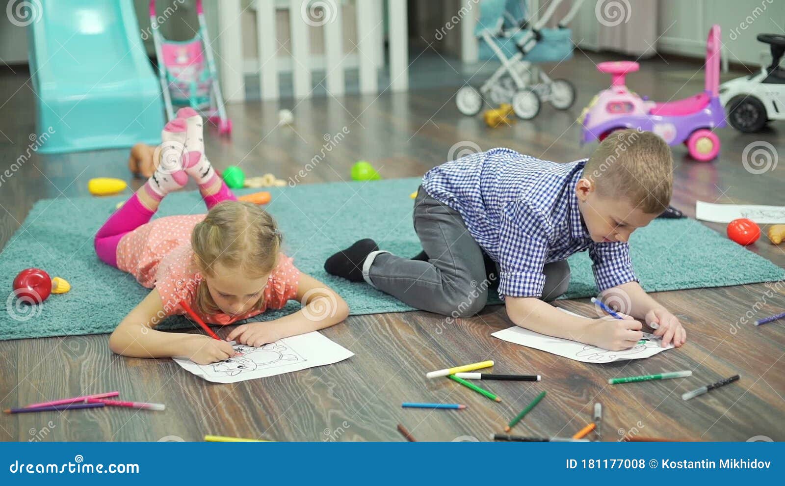 Kids Drawing with Pencils and Felt Pens at Home Stock Footage