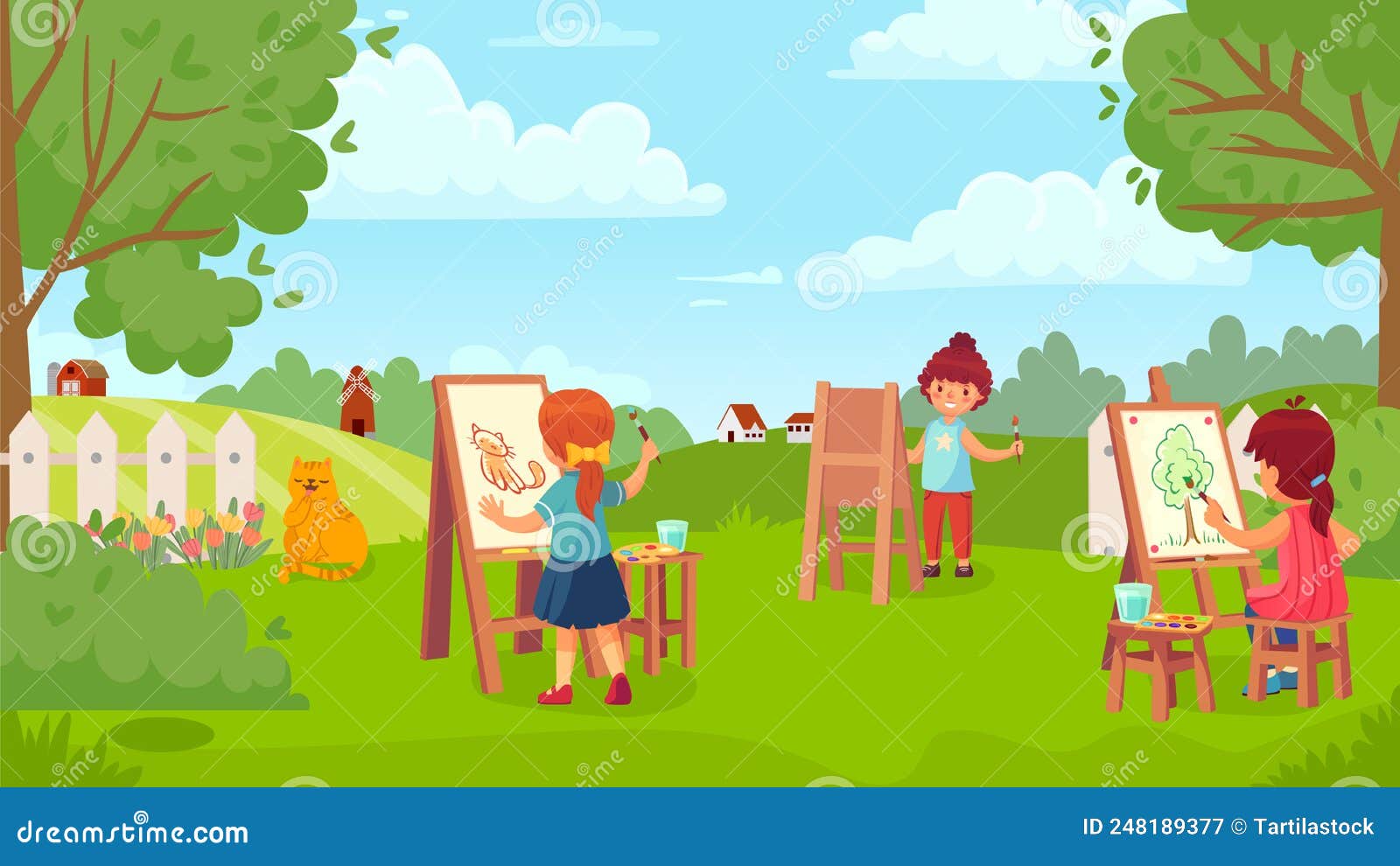 Kids Drawing. Kindergarten. School. Happy Children with Teacher