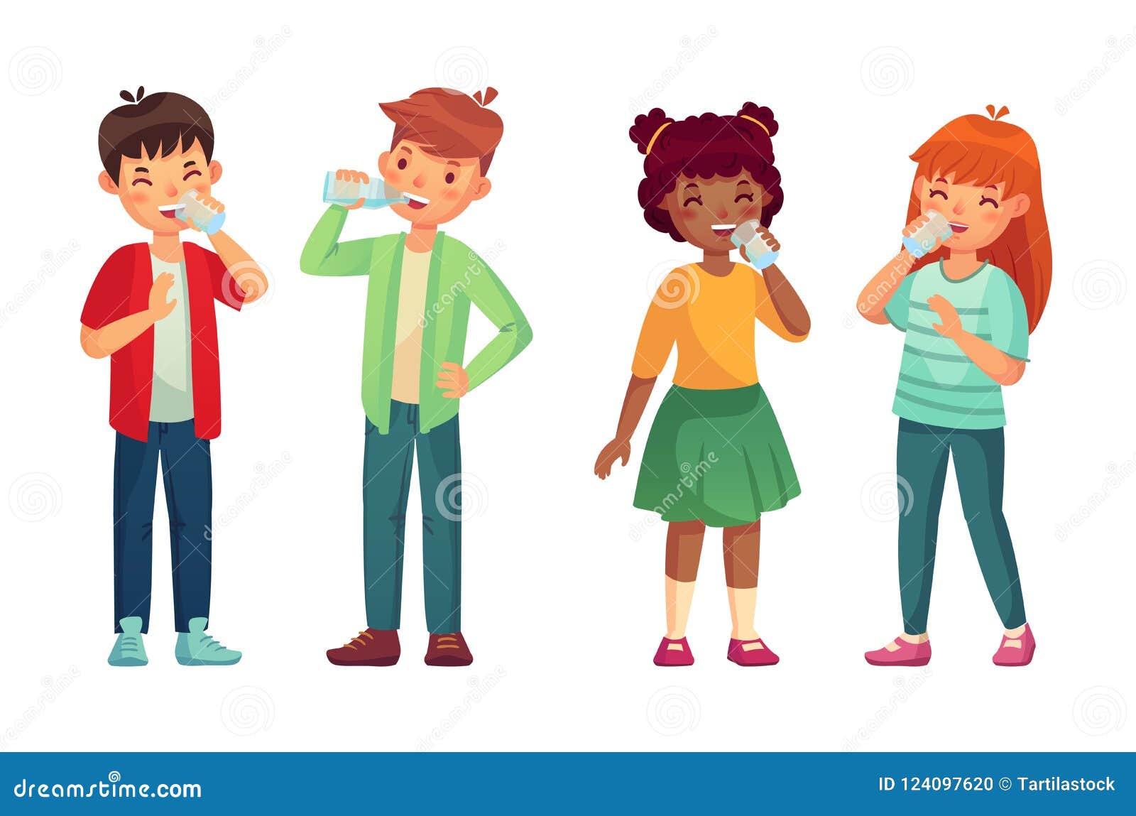 kids drink glass of water. happy boy and girl drinks. children drinking hydration level care  cartoon 
