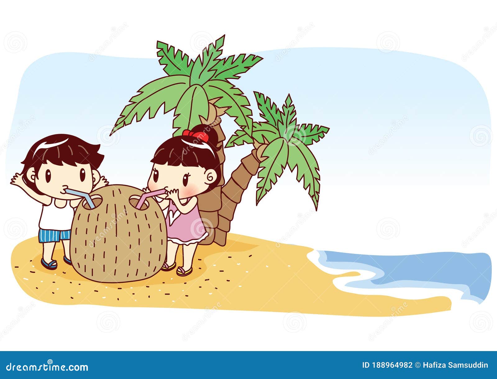 Kids Drinking Water from Giant Coconut. Vector Illustration Decorative