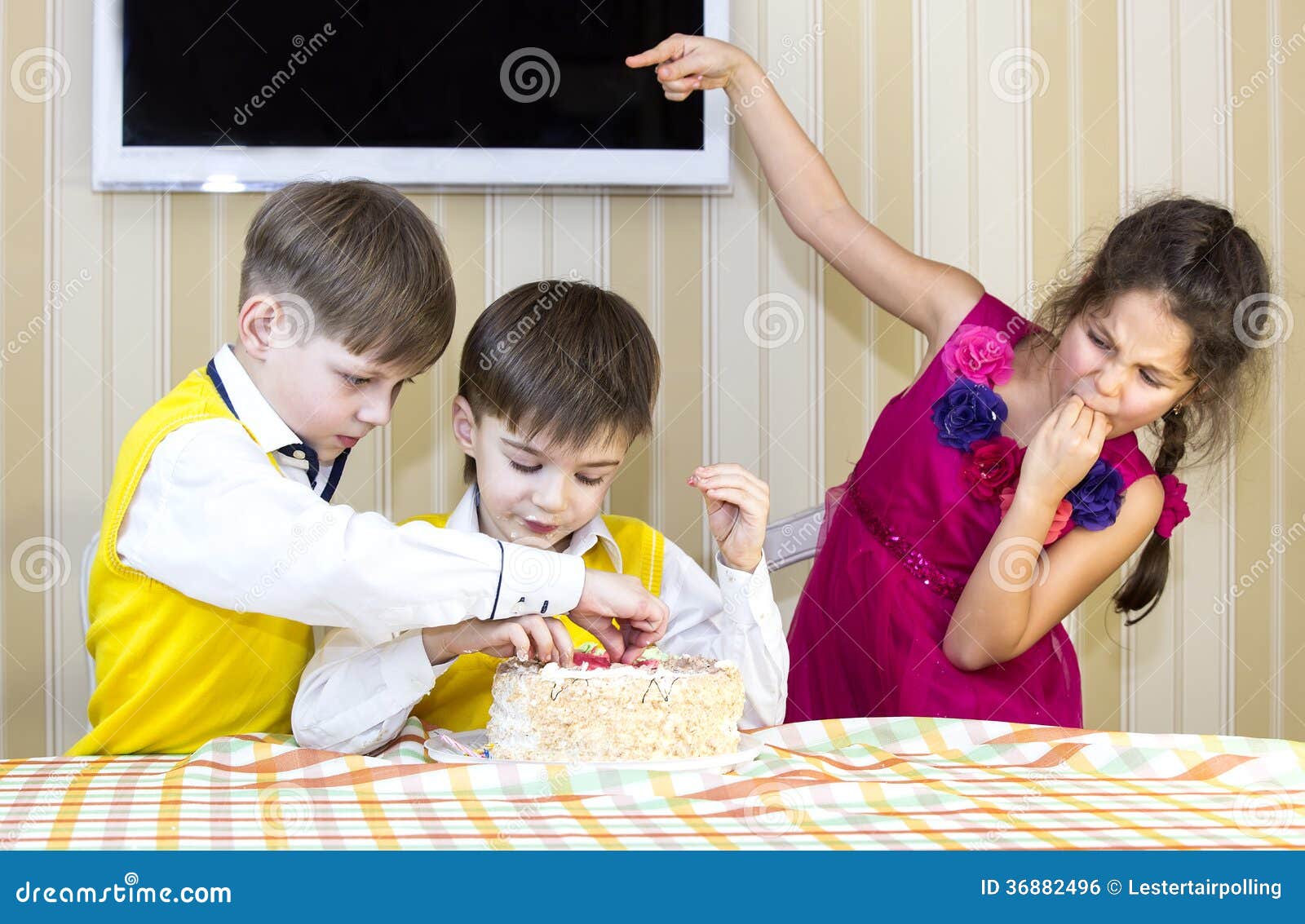 Kids eat cake stock photo. Image of meadow, expression - 36882496