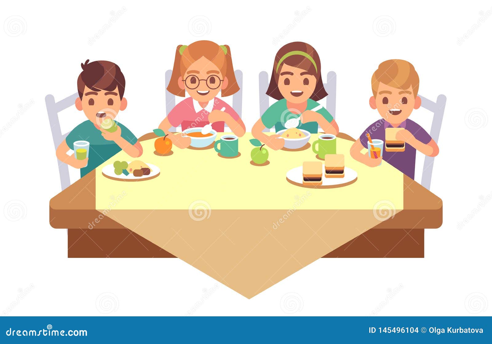 Kids Eat Together. Children Eating Dinner Cafe Restaurant Happy Child  Breakfast Lunch Fast Food Dining Friends Cartoon Stock Vector -  Illustration of happy, healthy: 145496104