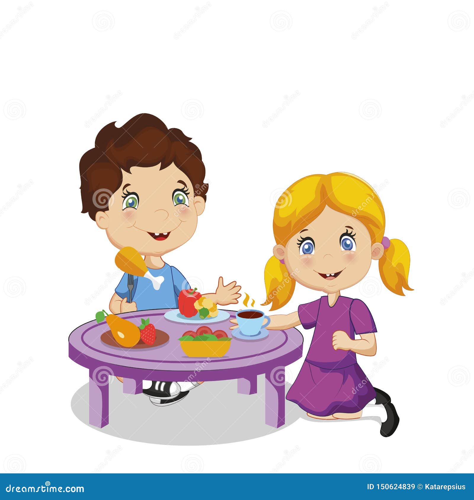 Kids Eating. Cartoon Boy and Girl Sitting at Table Stock Vector - Illustration of edible, healthy: 150624839 Kids Eating. Cartoon Boy and Girl Sitting at Table Stock Vector - Illustration of edible, healthy: 150624839