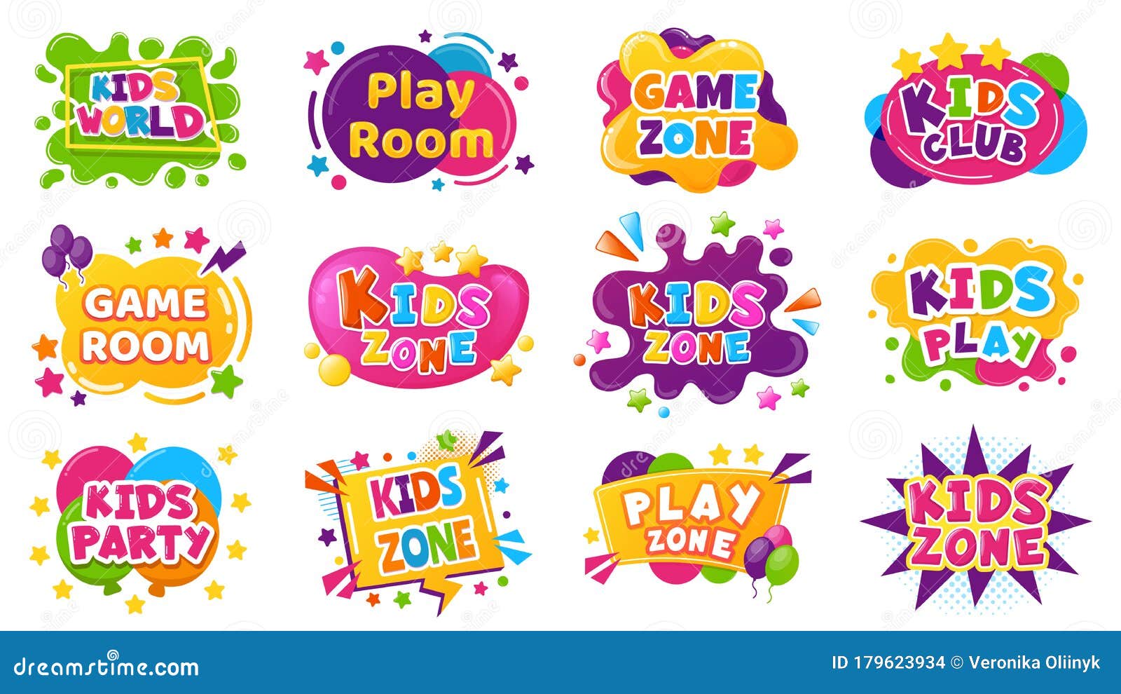 kids entertainment badges. game room party labels, children education and entertainment club s. baby playing zone