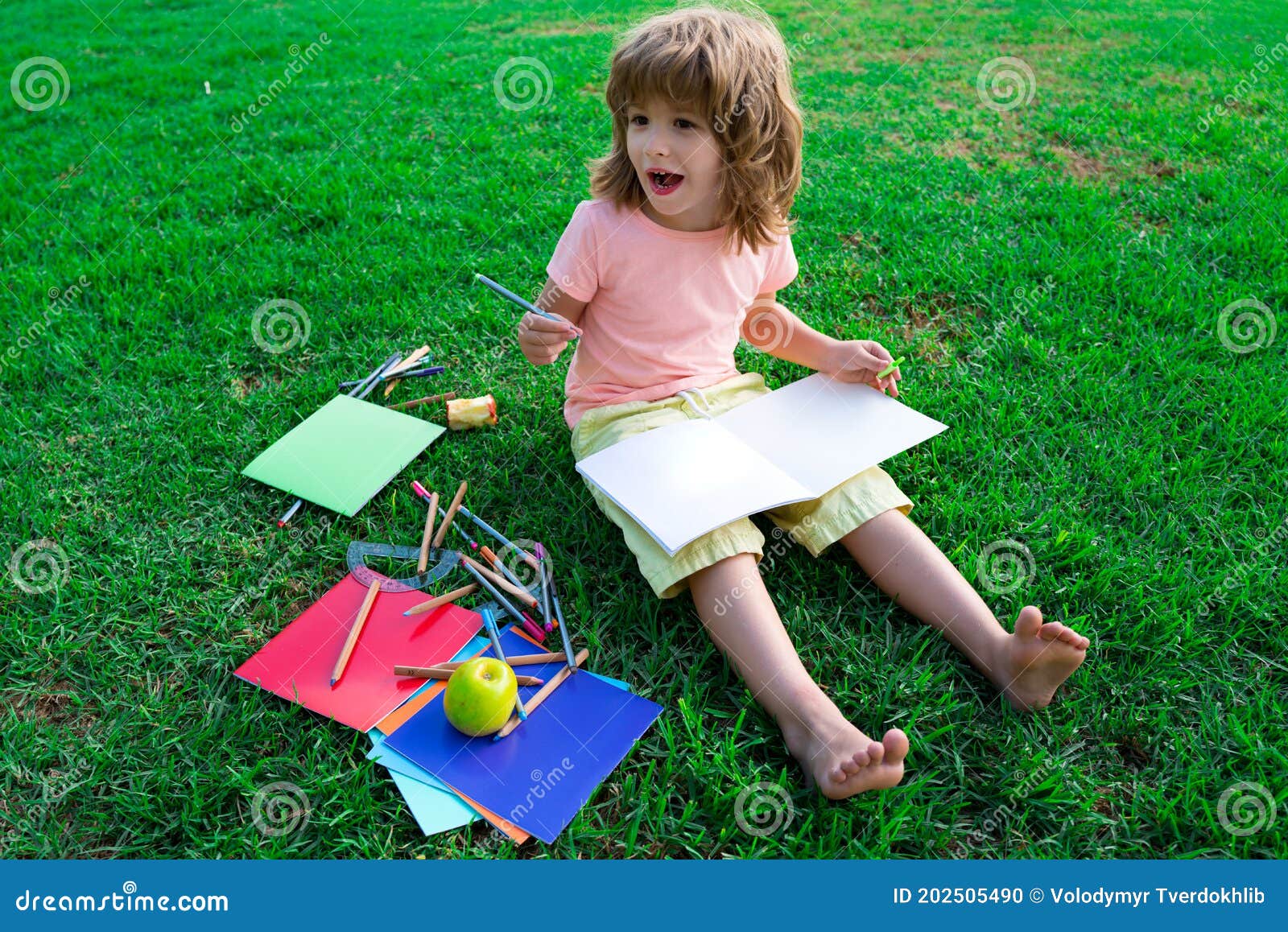 Kids Exam Study. Funny Little Student Boy Reading Book Outdoors ...