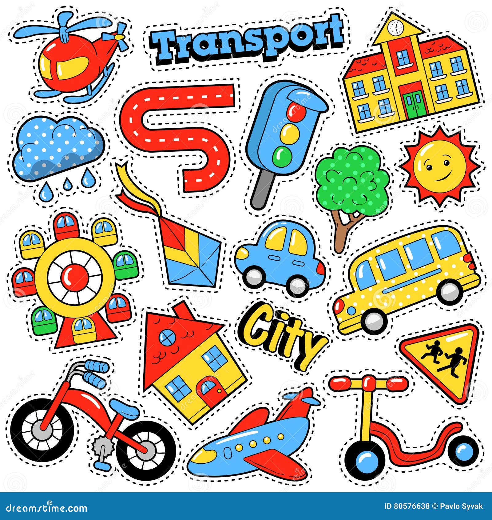 Kids Fashion Badges, Patches, Stickers in Comic Style Education City  Transport Theme with Bicycle, Cars and Bus Stock Vector - Illustration of  house, element: 80576638