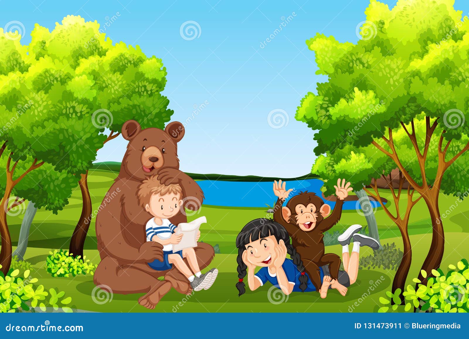 Kids with Friendly Animals in Forest Stock Vector - Illustration of drawing,  animal: 131473911