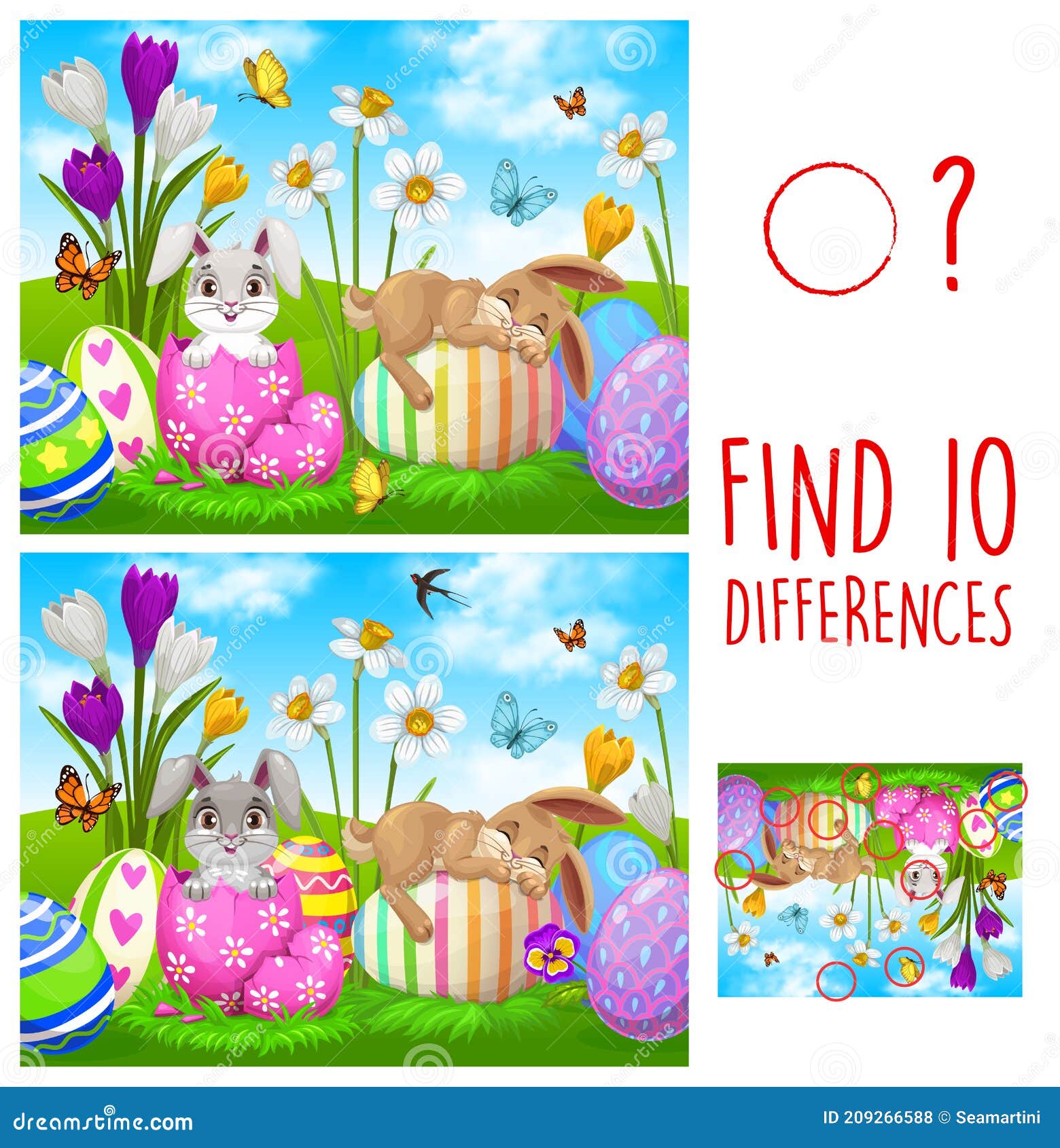 Kids Game Find Ten Differences with Easter Rabbits Stock Vector ...