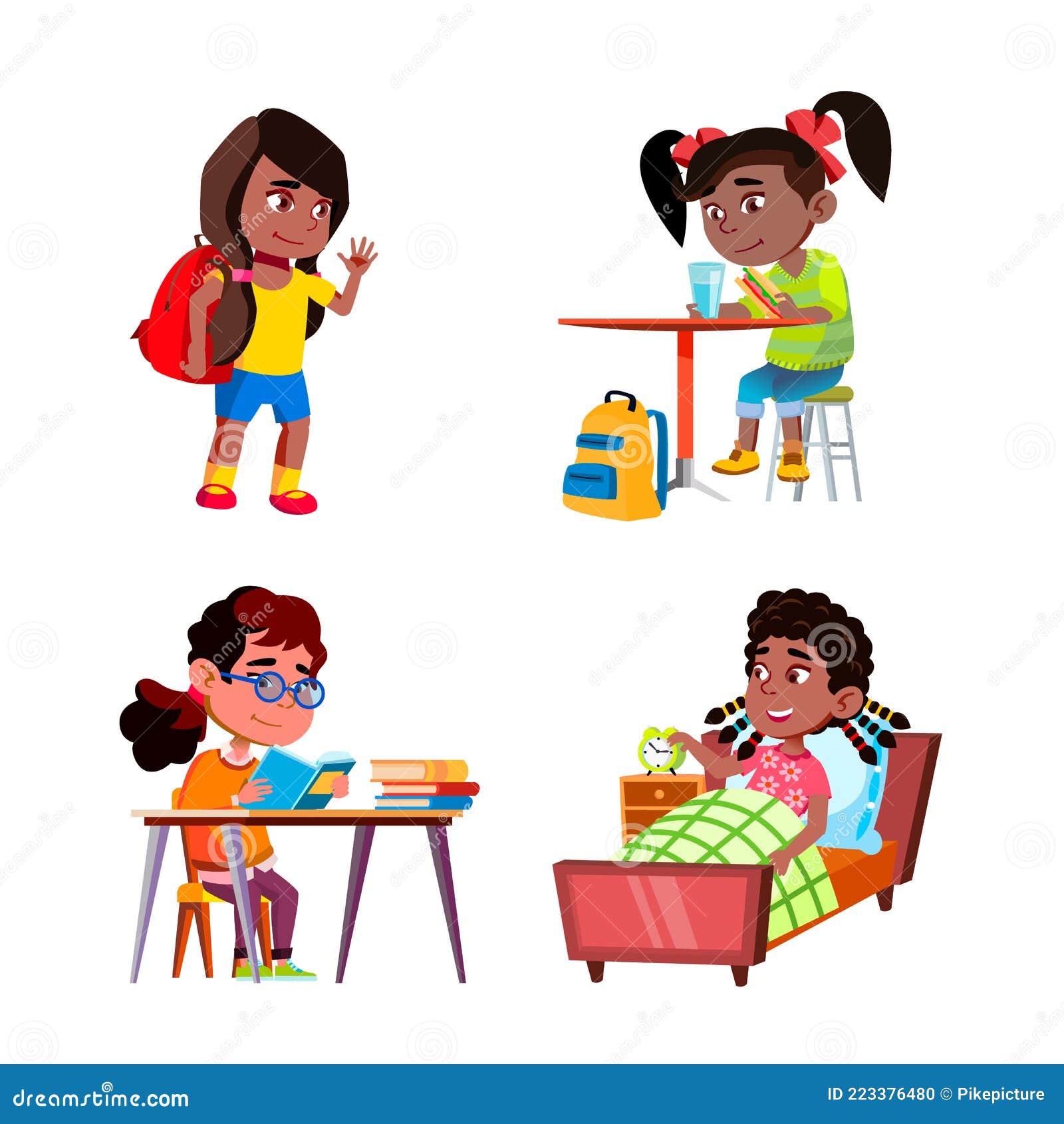 Children Waking Up Vector Cartoon Characters Set Clipart And Illustrations