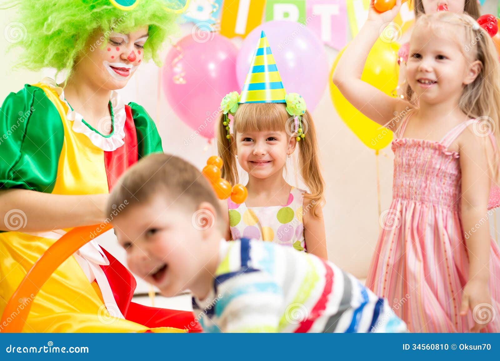 Kids Group and Clown on Birthday Party Stock Photo - Image of group ...