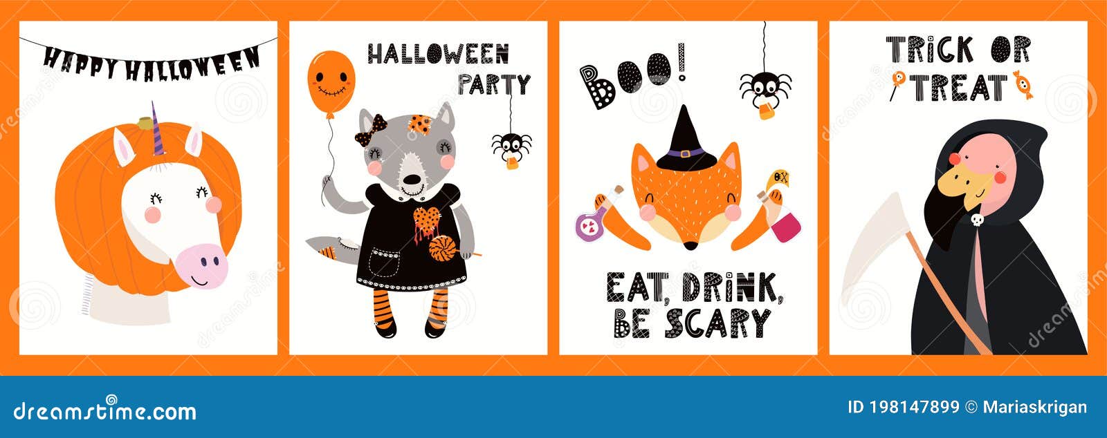 kids halloween cute animals in party costumes cards collection