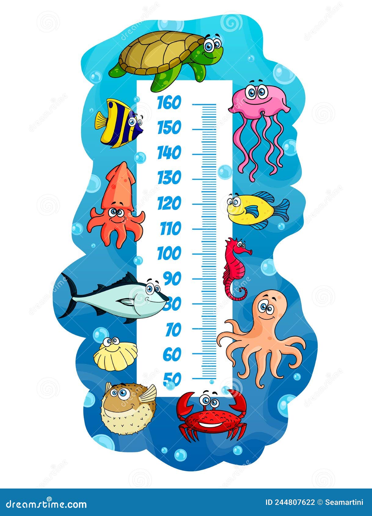 Kids Height Chart, Cartoon Sea Animals and Fish Stock Vector