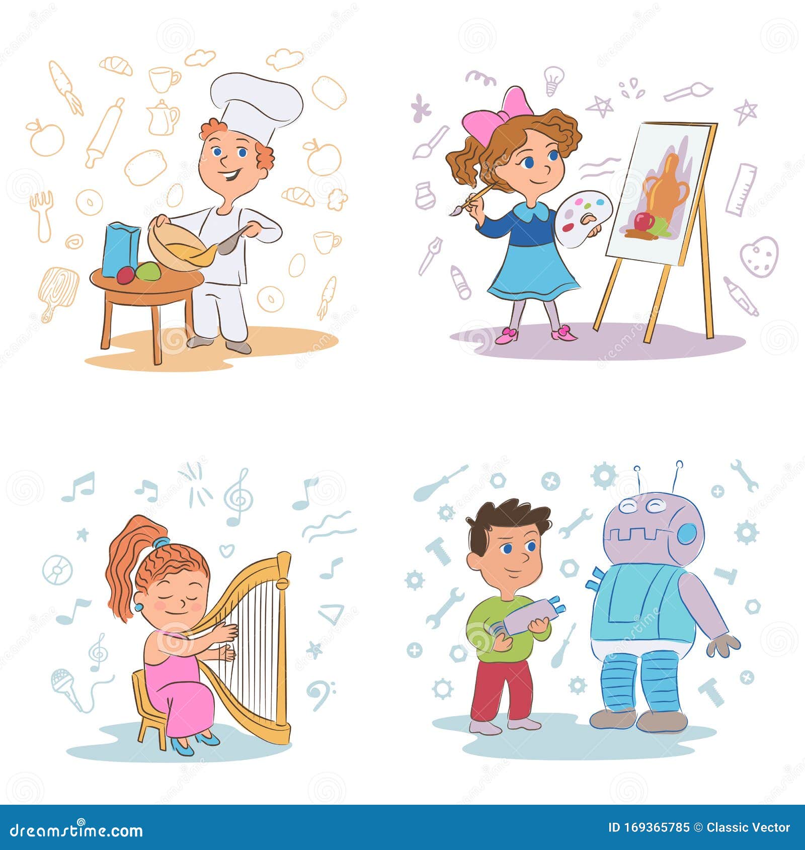https://thumbs.dreamstime.com/z/kids-hobbies-cartoon-illustrations-set-cooking-art-music-engineering-male-female-children-master-classes-characters-169365785.jpg