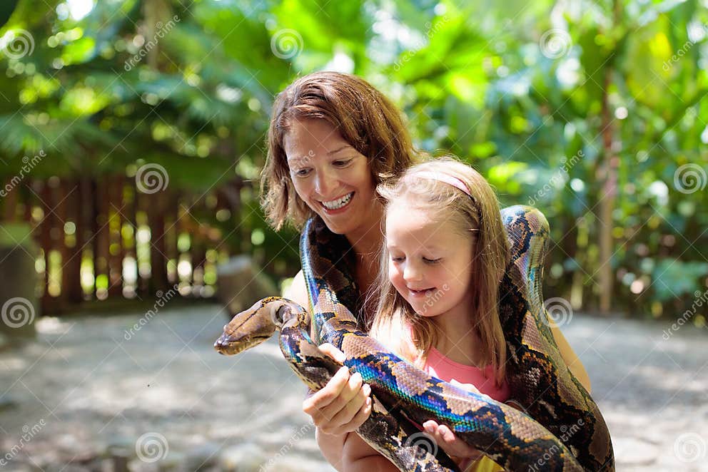 Kids Hold Python Snake at Zoo. Child and Reptile Stock Photo - Image of ...