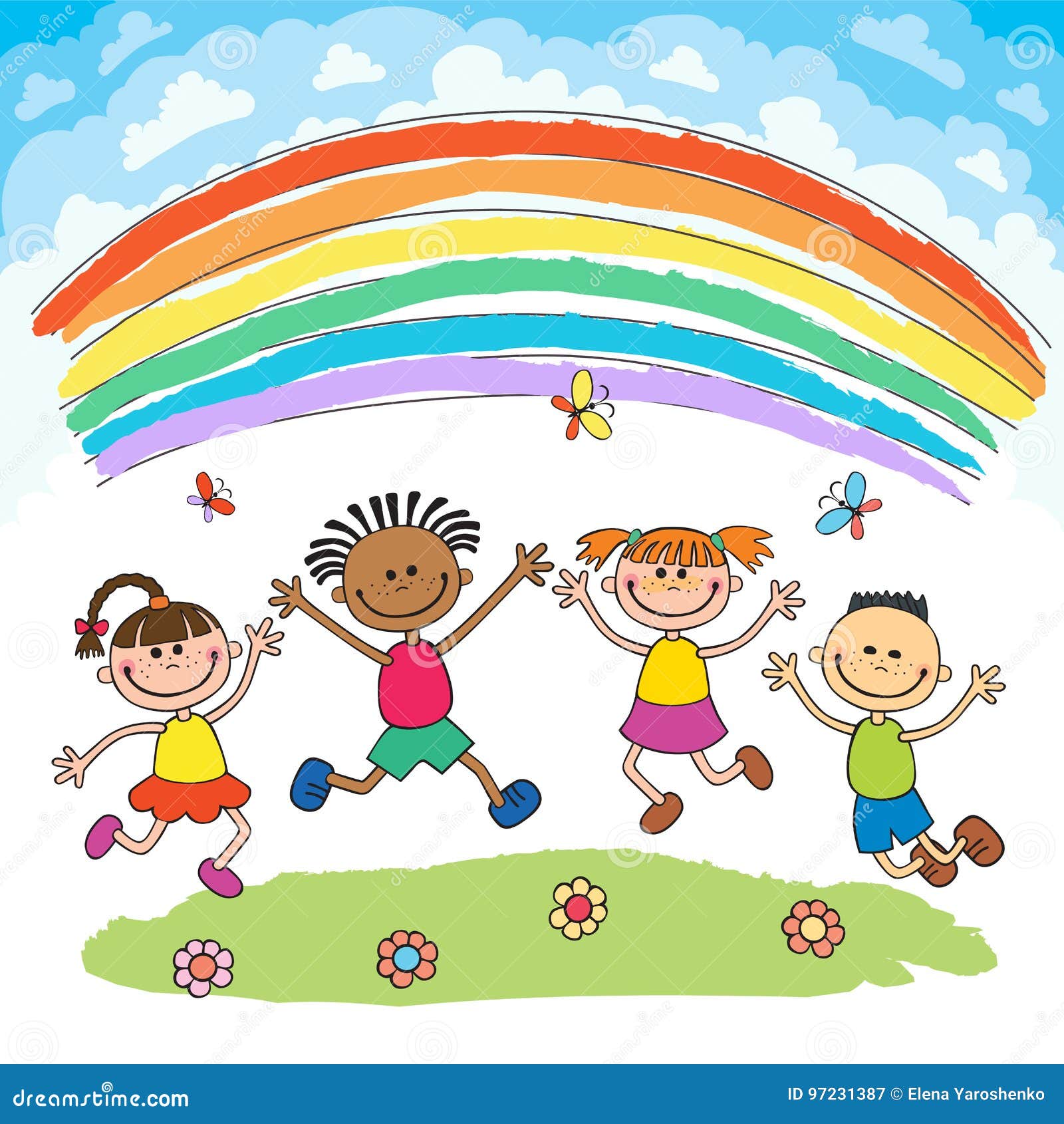 Kids jumping. Happy cartoon child, excited children jump together. Fun By  Microvector