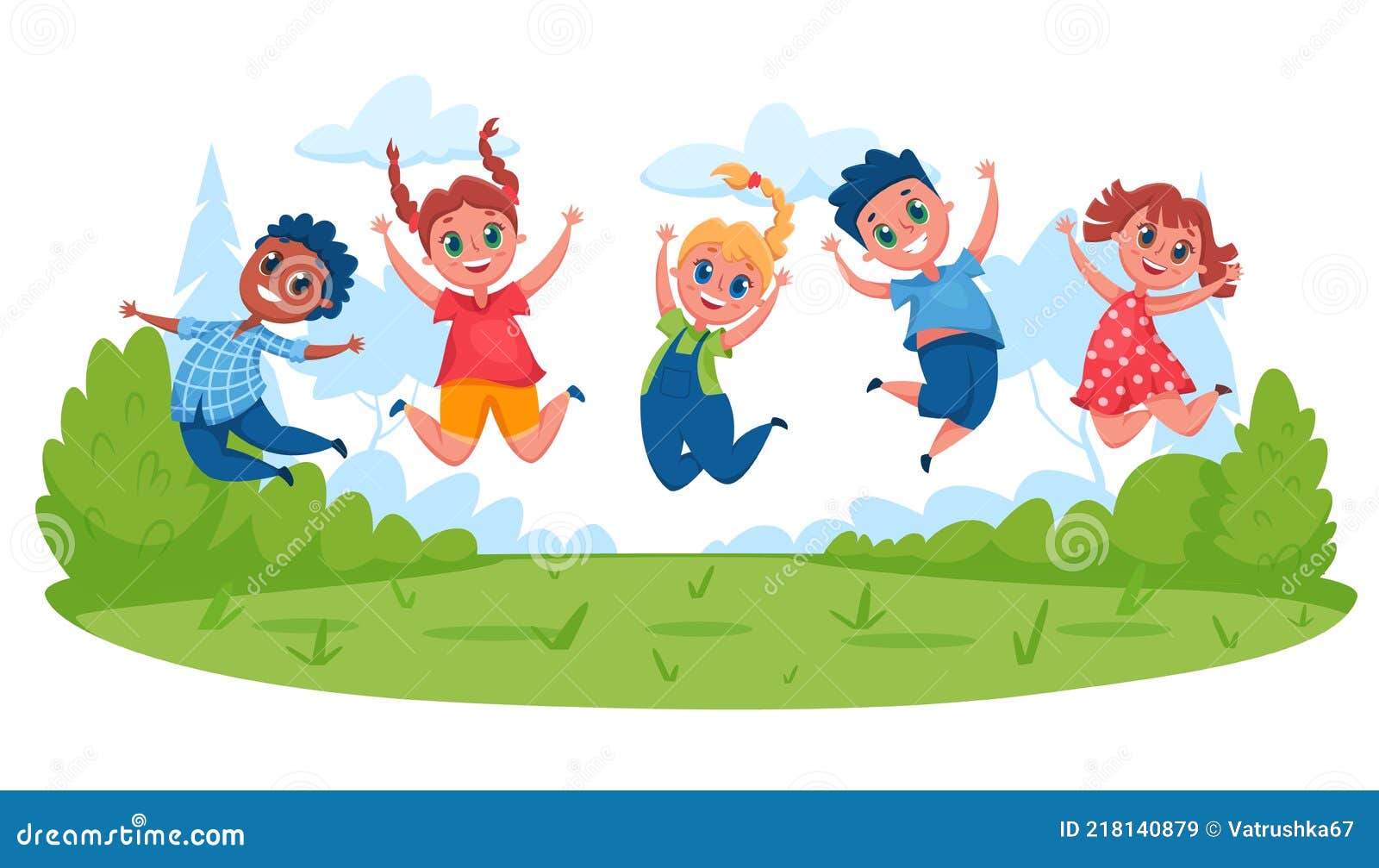 Kids Jumping On Meadow Happy Children Having Fun Outside In Summer