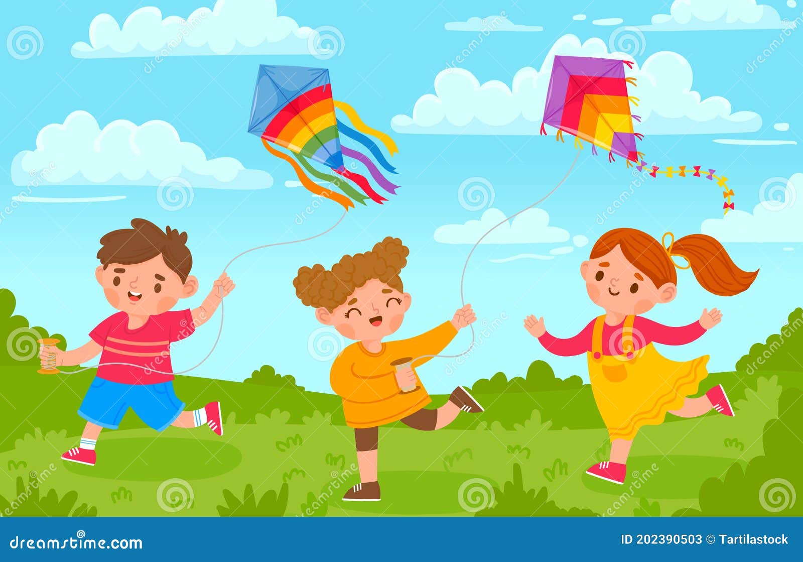 Kids With Kites Boy And Girl Outside Playing With Flying Toy In Park