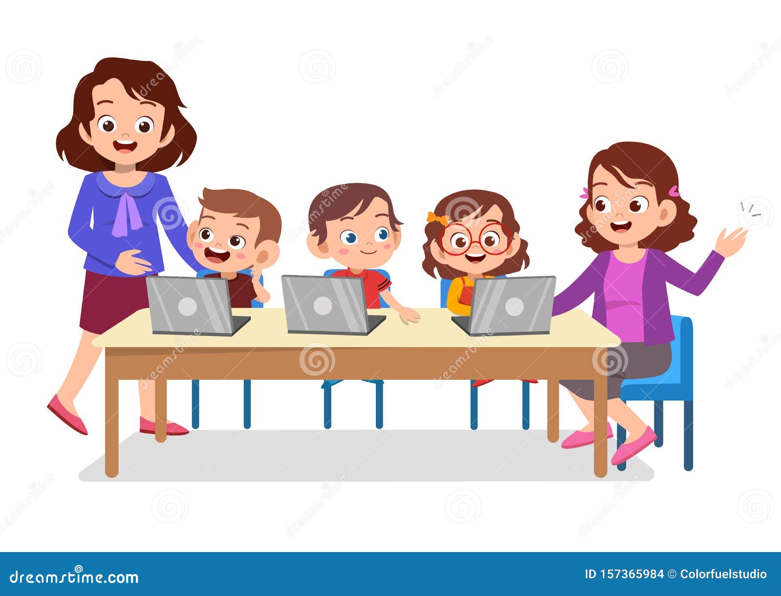 Kids Learning Computer With Teacher Stock Illustration