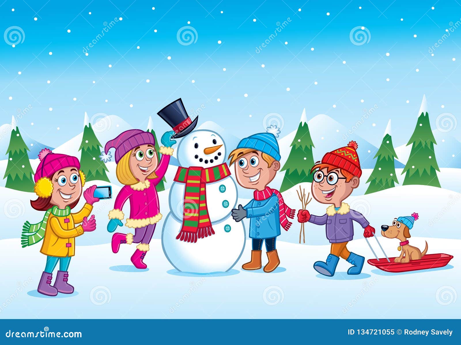 Kids Making a Snowman during Wintertime Stock Illustration - Illustration  of mountains, boys: 134721055