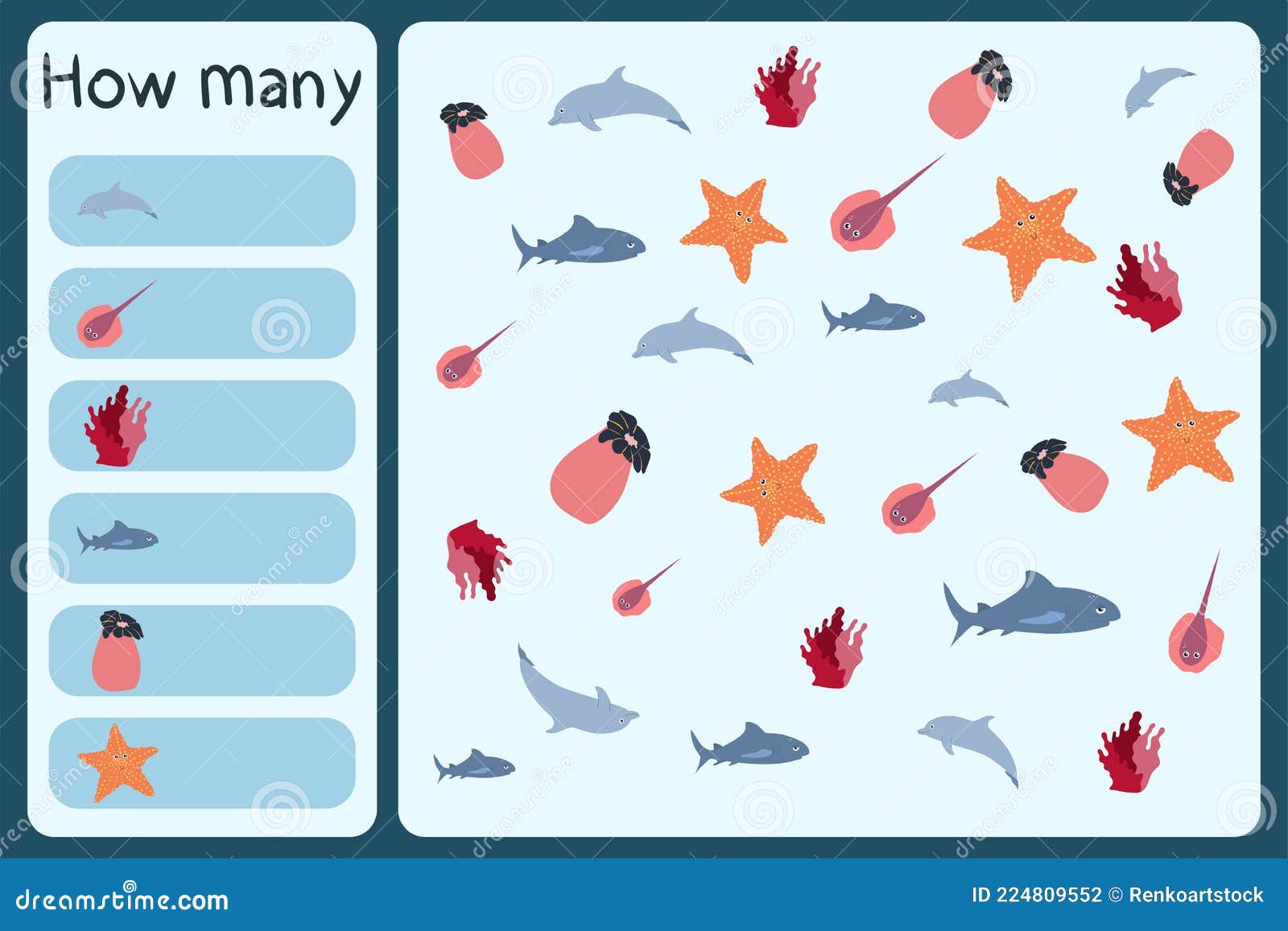 Kids Mathematical Mini Game - Count How Many Sea Animals - Dolphin, Stringray, Coral, Shark, Anemone, Star. Stock Vector - Illustration of vector, preschool: 224809552 Kids Mathematical Mini Game - Count How Many Sea Animals - Dolphin, Stringray, Coral, Shark, Anemone, Star. Stock Vector - Illustration of vector, preschool: 224809552