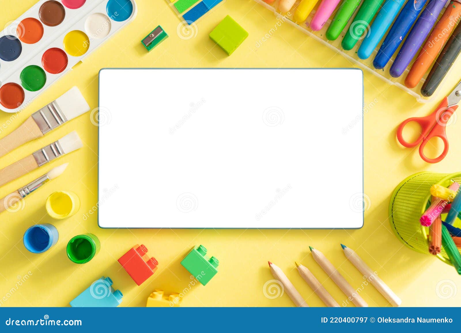 Kids Online Drawing Class Concept - Supplies on Bright Background Stock