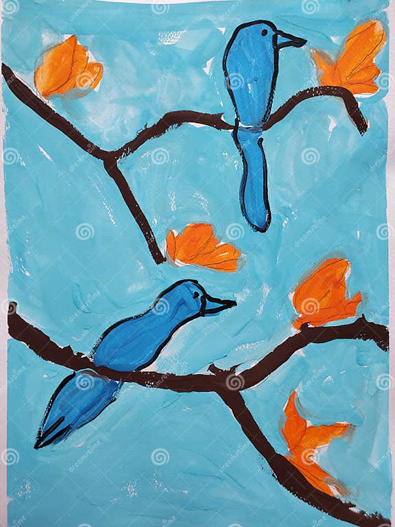 Kids Painting Artwork of Blue Birds on Tree Branch with Orannge Color Kids Painting Artwork of Blue Birds on Tree Branch with Orannge Color