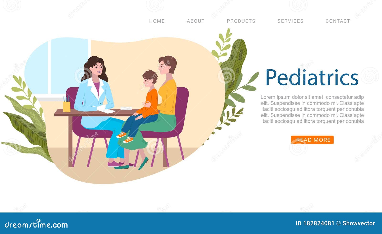 kids pediatrician doctor web banner, little patient with mother at pediatrist medical consultation, medics cartoon