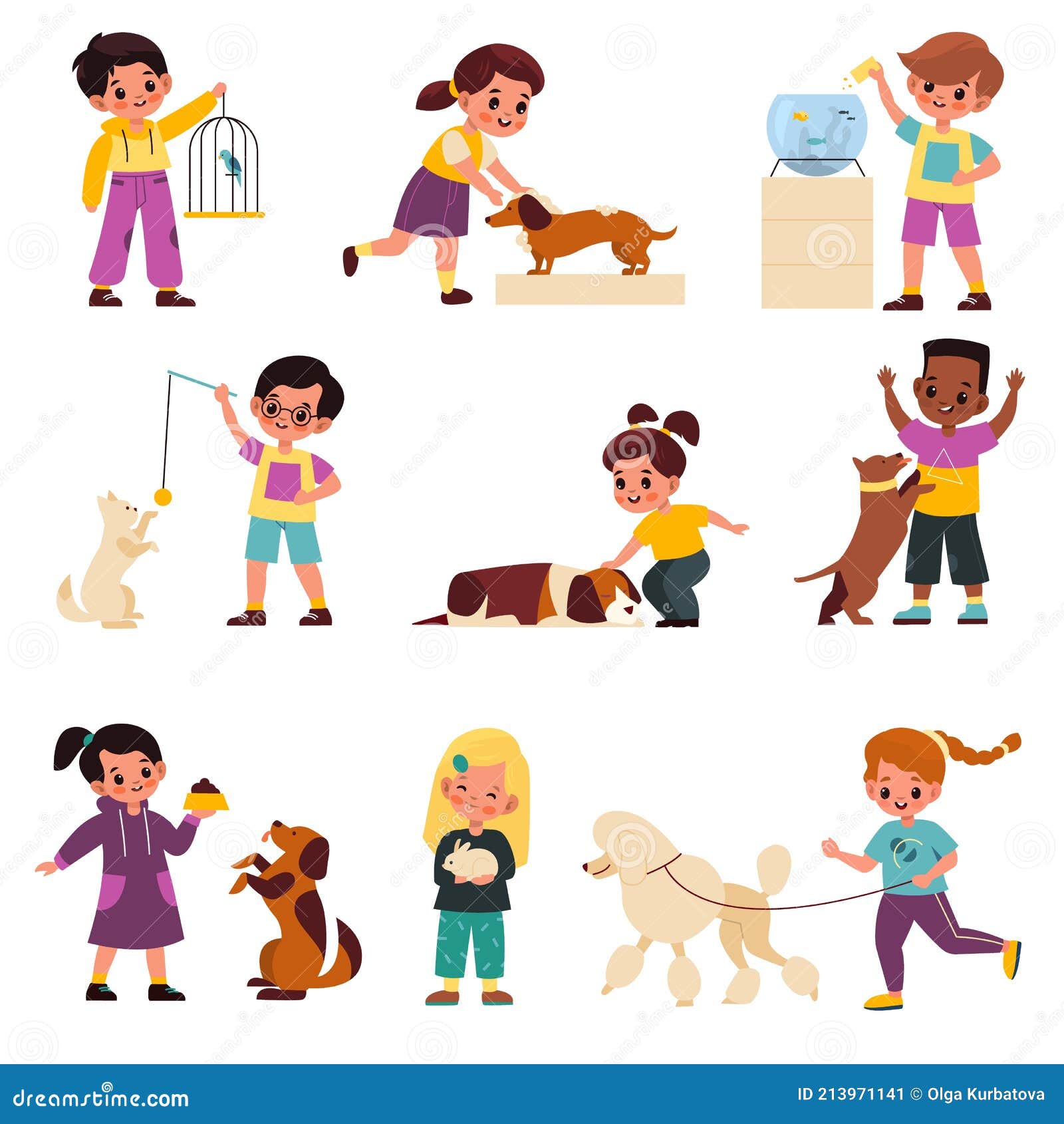 Kids with Pets. Children with Domestic Animals, Pet and Little Owner, Cats  and Dogs, Birds and Fish, Responsibility and Stock Illustration -  Illustration of dachshund, children: 213971141