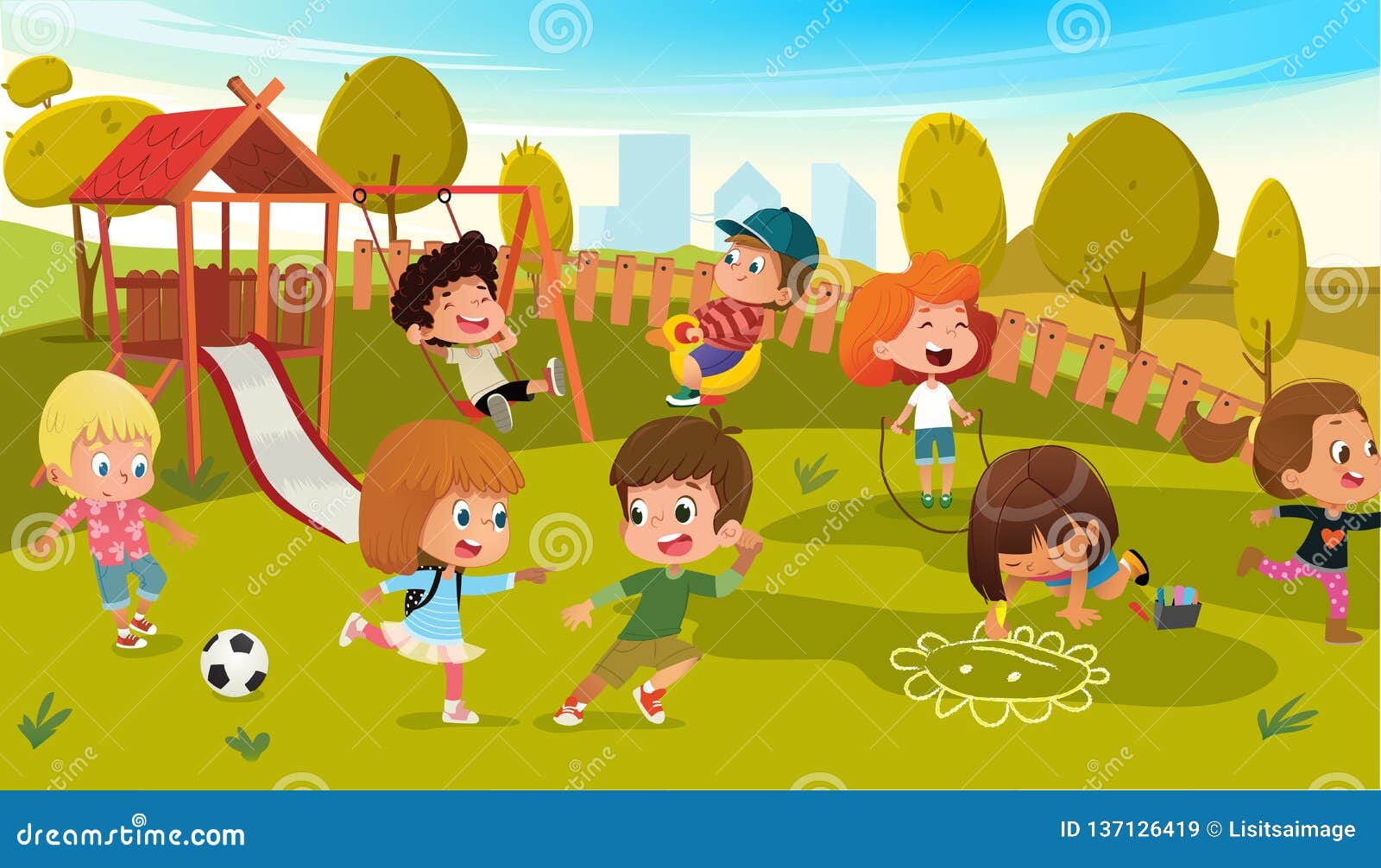 kids play park playground  . children swing outdoor in summer school kindergarten. city landscape