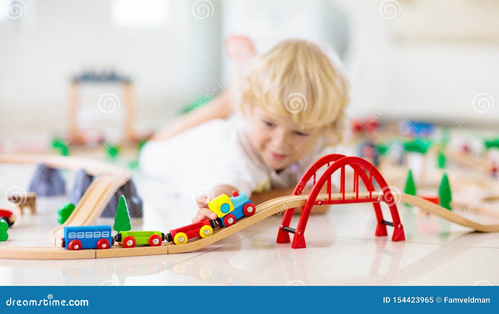 Kids Play Wooden Railway. Child with Toy Train Stock Image - Image of ...