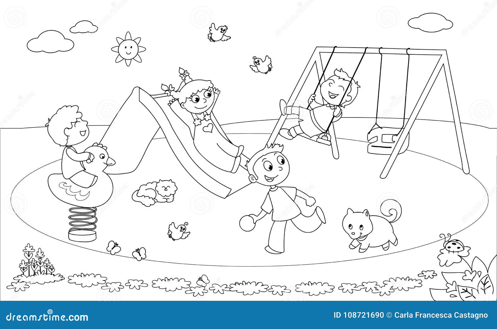Kids at the Playground Coloring Vector Stock Vector - Illustration
