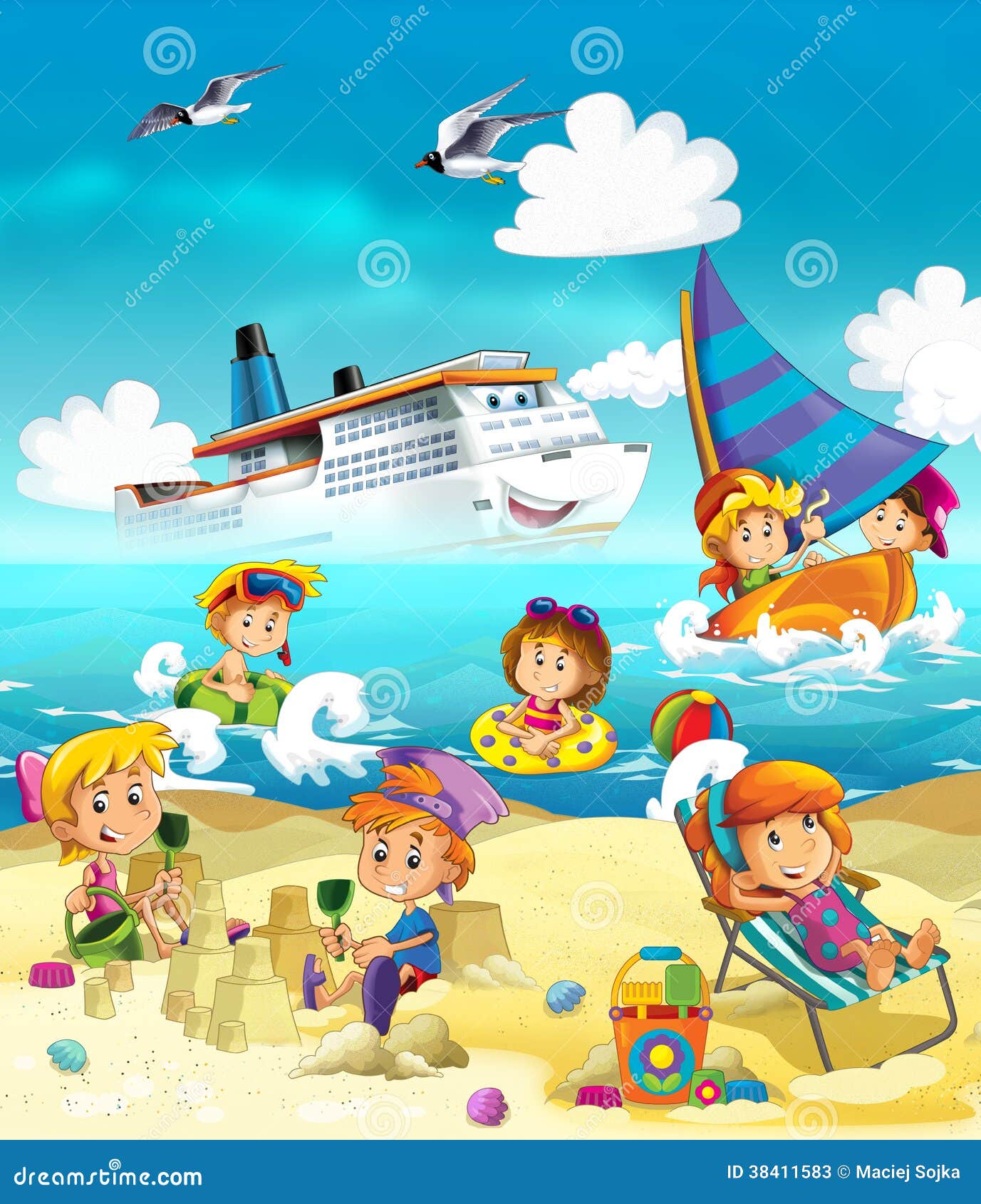 kids playing at the beach sea stock illustration illustration of cartoon playing